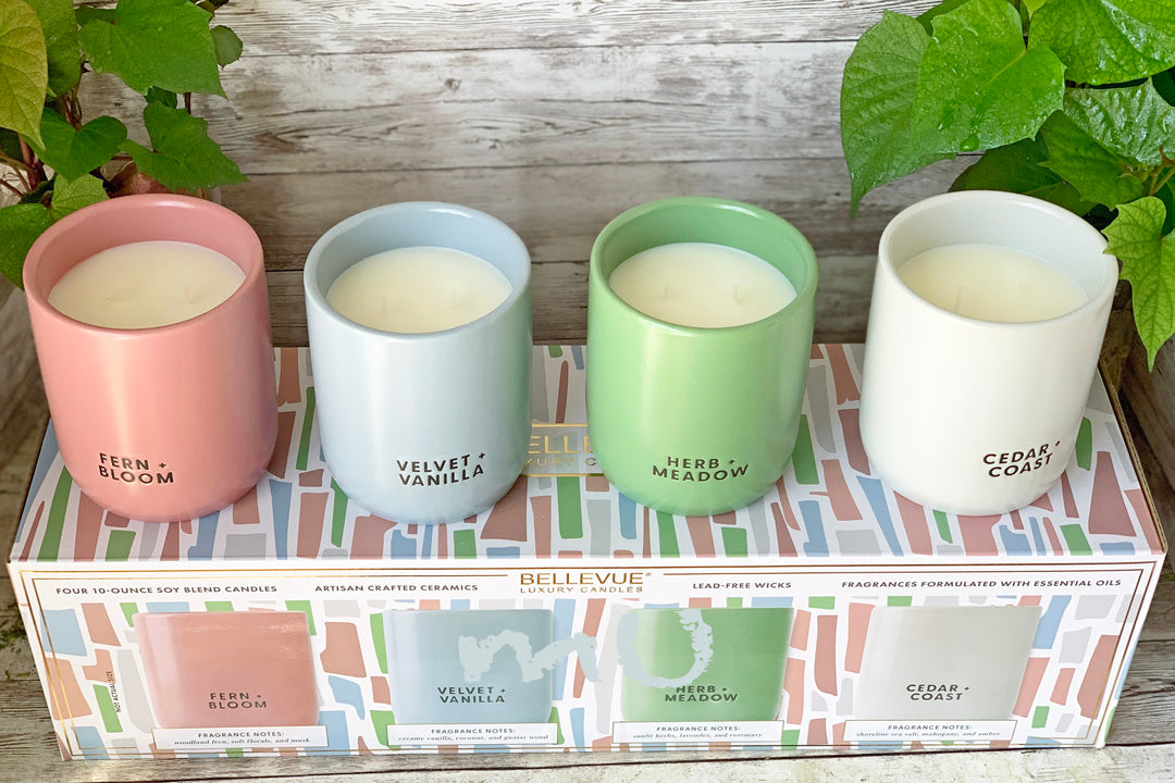 BELLEVUE LUXURY CANDLES 4 CERAMIC SOY BLEND 10 OZ GIFT SET